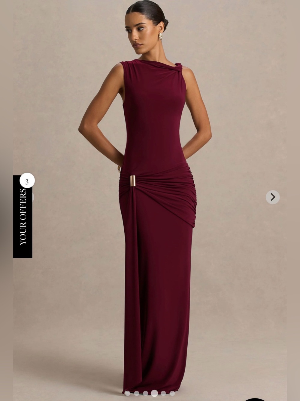 Club L London DECADENCE Burgundy High-Neck Wrapped Maxi Dress With Twist-Sleeve - Picture 3 of 5